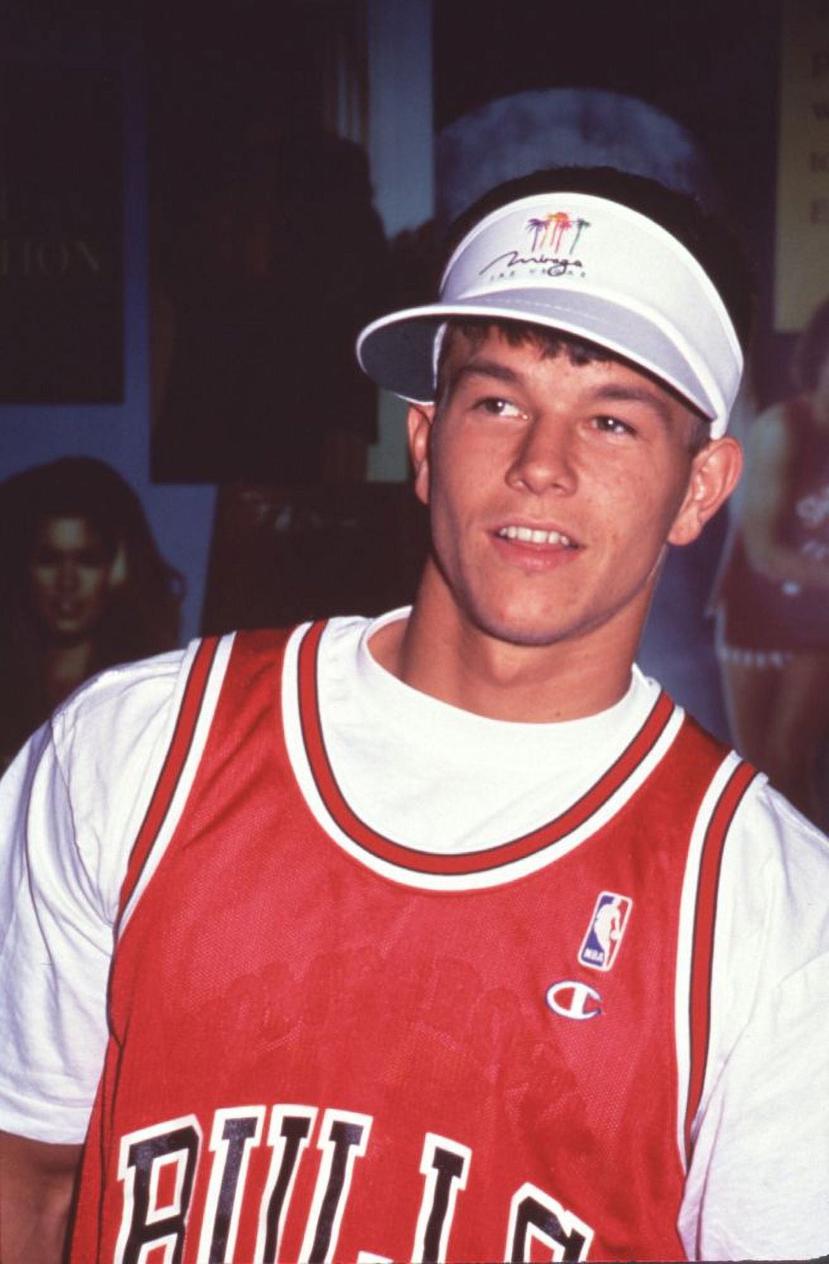 Mark Wahlberg close-up photo print in Chicago Bulls jersey and white visor.