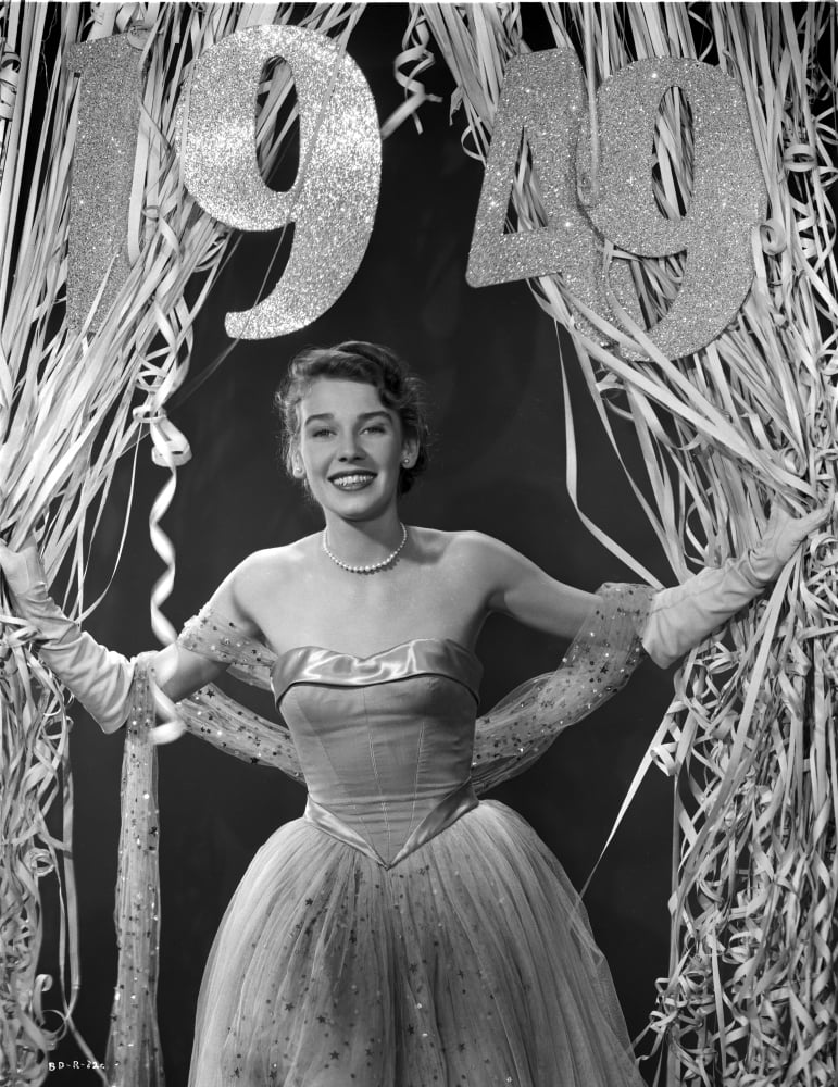 Betsy Drake photo print in strapless gown and linen scarf.