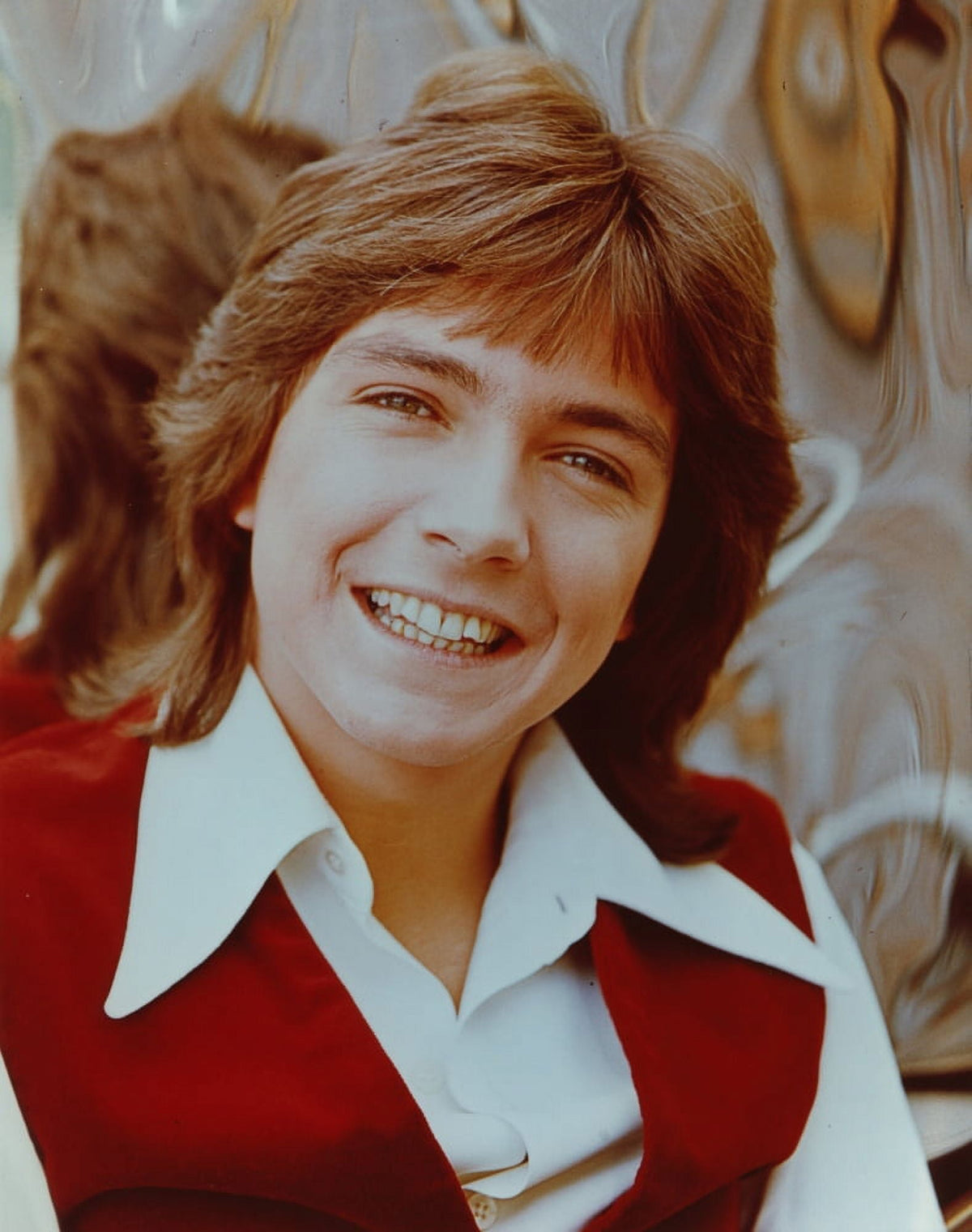 David Cassidy smiling in red vest photo print