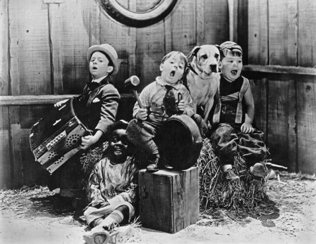 Our Gang Singing with a Dog Photo Print featuring classic film nostalgia.