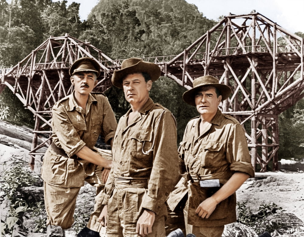 The Bridge on the River Kwai photo print featuring Alec Guinness and William Holden, iconic 1957 film moment.