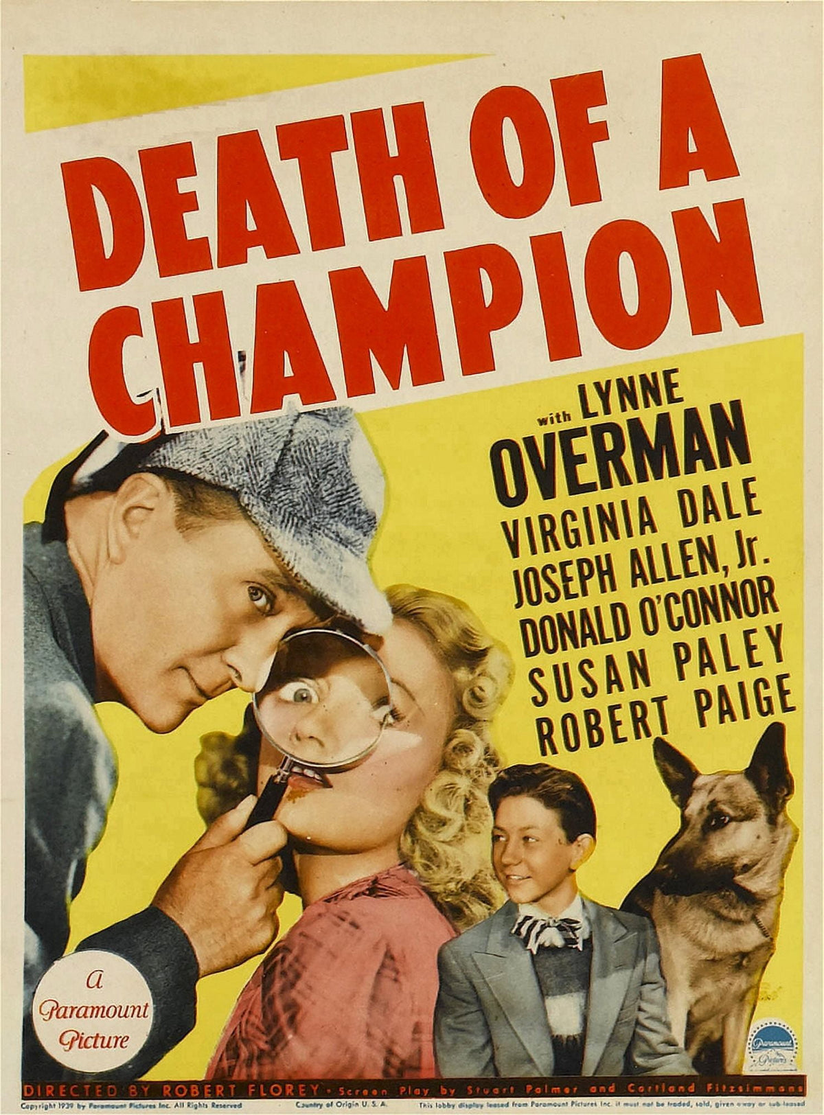Death of A Champion movie poster print featuring Lynne Overman, Virginia Dale, and Donald O'Connor, 1939