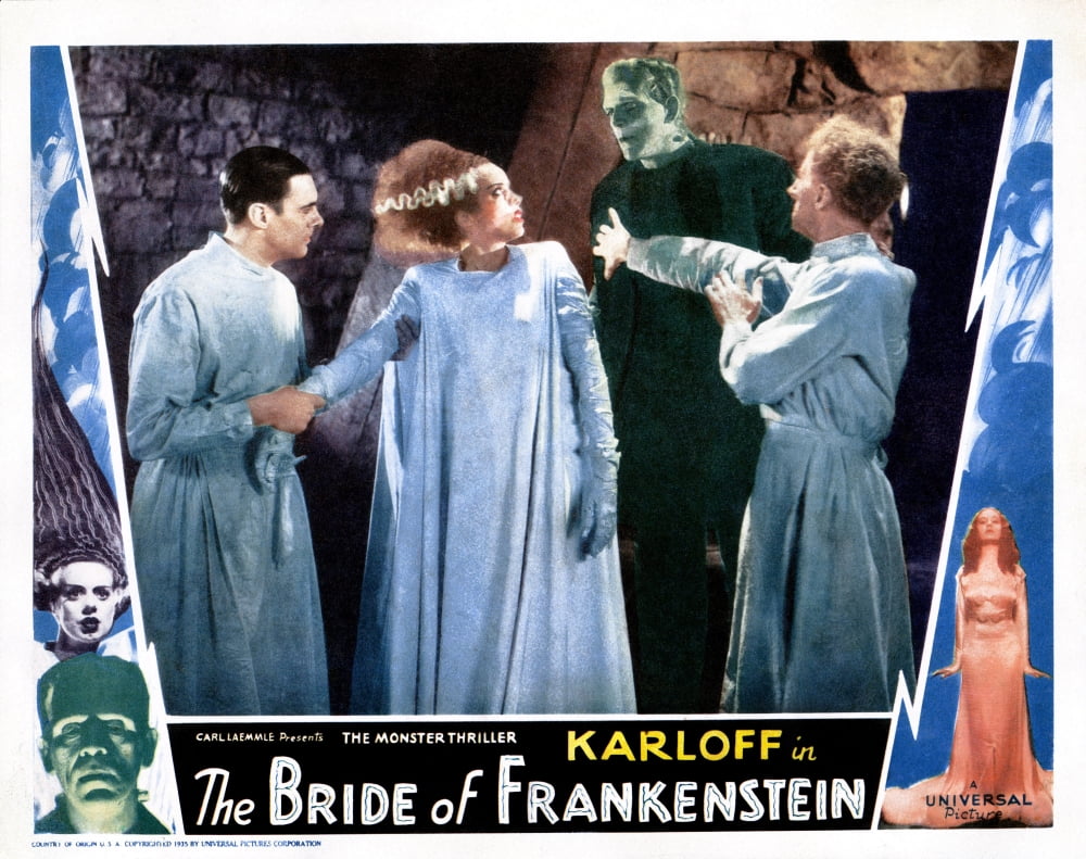 Bride of Frankenstein movie poster print featuring Colin Clive, Elsa Lanchester, Boris Karloff, and Ernest Thesiger.