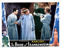 Bride of Frankenstein movie poster print featuring Colin Clive, Elsa Lanchester, Boris Karloff, and Ernest Thesiger.