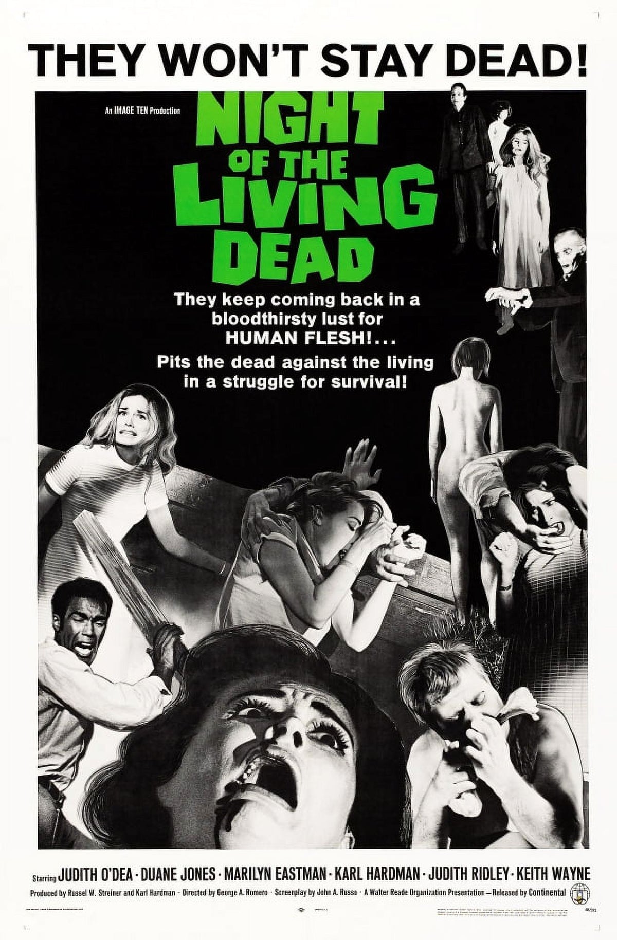 Night of the Living Dead Movie Masterprint Poster featuring Duane Jones, Judith O'Dea, and Marilyn Eastman.