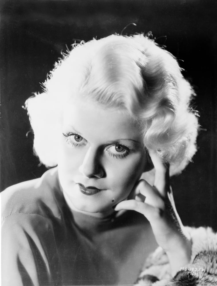 Jean Harlow portrait photo print in round neck pleated dress.