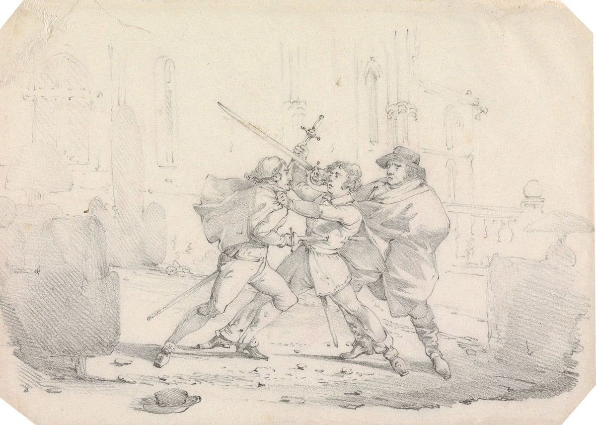 Three Men in Seventeenth Century Dress Engaged in a Sword Fight Poster Print