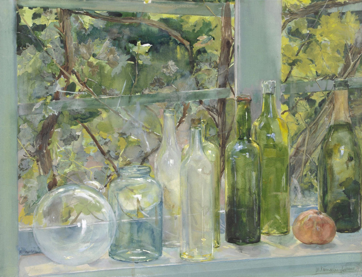 Window Sill with Bottles, Glass Globe, and Apple watercolor print by Menso Kamerlingh Onnes.