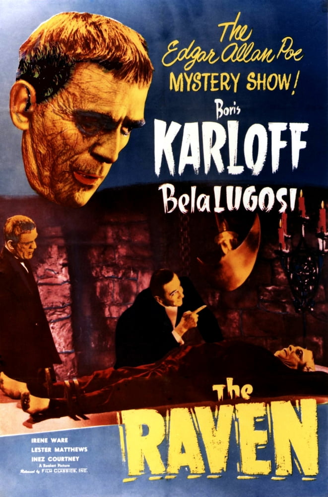 The Raven movie poster featuring Boris Karloff and Bela Lugosi in a dramatic design.