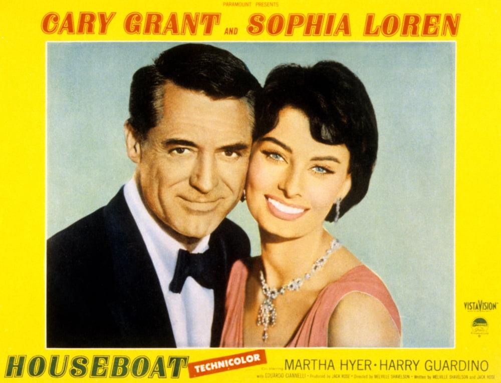1958 Houseboat movie poster featuring Cary Grant and Sophia Loren, 14x11 print.