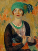 Girl in Green Turban art print by William James Glackens showcasing a woman in a vibrant green turban.