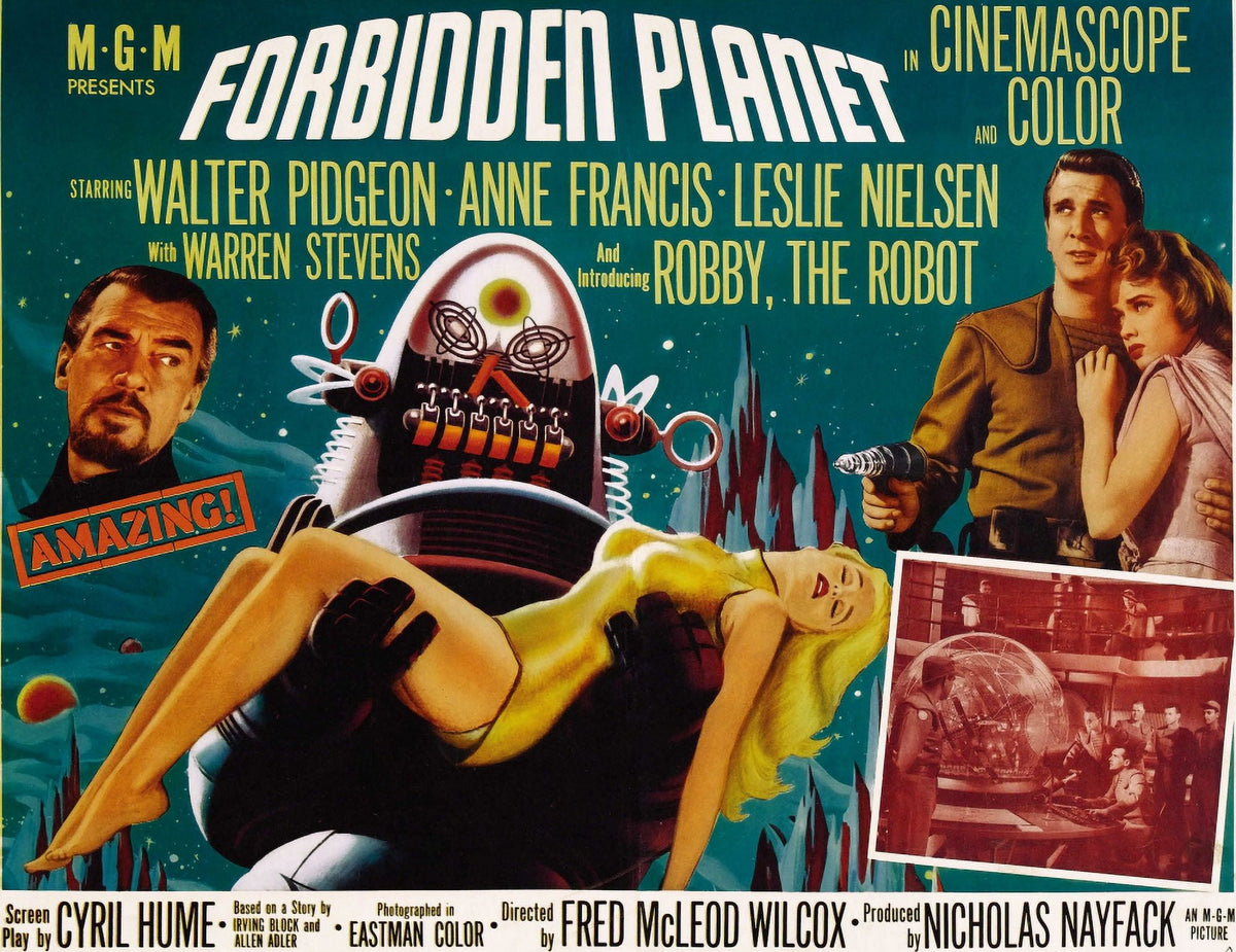 Forbidden Planet Movie Poster Print featuring Walter Pidgeon, Anne Francis, and Leslie Nielsen from the 1956 film.