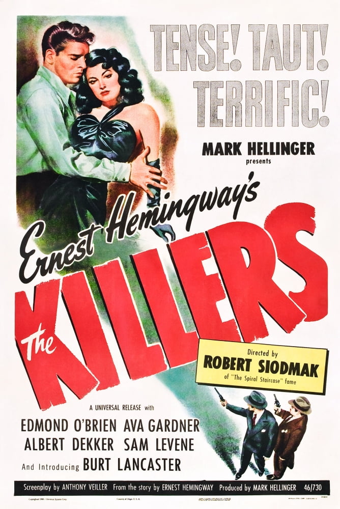 The Killers Movie Poster featuring Burt Lancaster and Ava Gardner, 1946.
