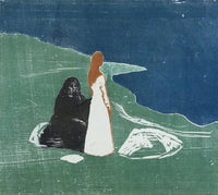 Two Women at the Seashore Art Print by Edvard Munch, 1898 color woodcut.