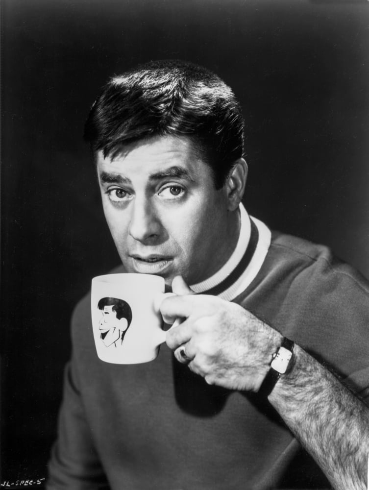Jerry Lewis drinking coffee photo print capturing vintage Hollywood charm