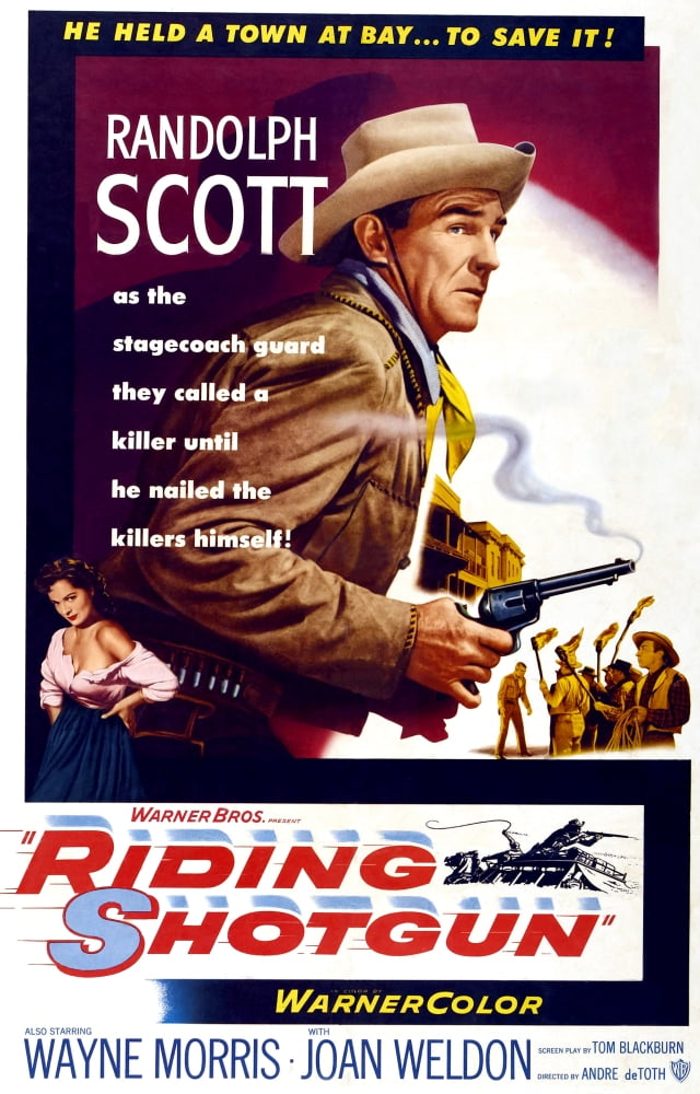 Riding Shotgun movie poster print featuring Joan Weldon and Randolph Scott, 1954, 11x17.