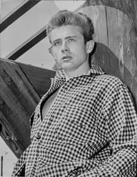 James Dean leaning back portrait photo print in white gingham shirt.