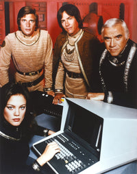 Battlestar Galactica group photo print on red background