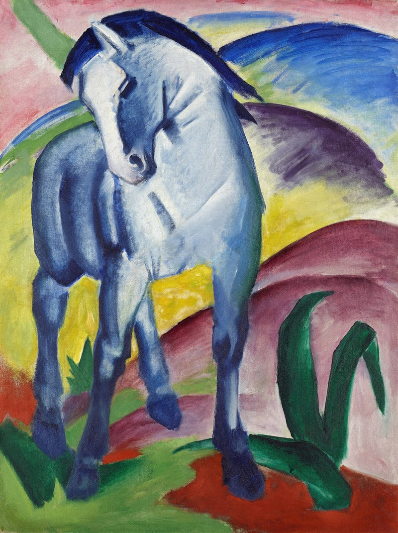 Blue Horse I poster print by Franz Marc featuring vibrant colors and dynamic composition.