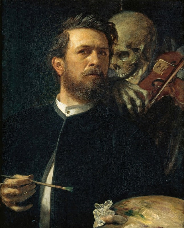 Self-Portrait with Fiddling Death art print by Arnold Böcklin, showcasing themes of mortality and beauty.