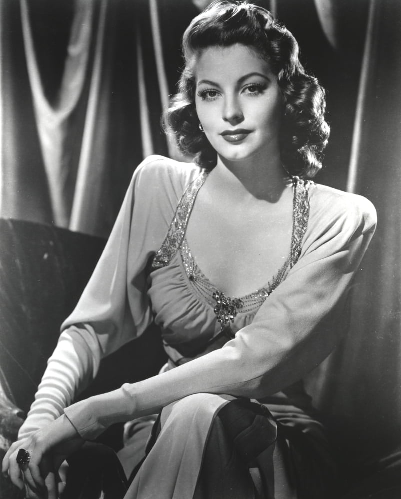 Black and white portrait of Ava Gardner in long dress photo print