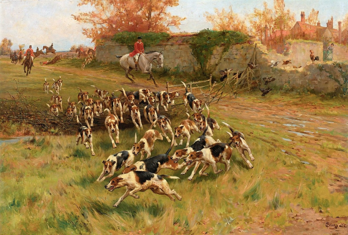 In Full Cry 1897 poster print by Thomas Blinks capturing the thrill of the hunt.