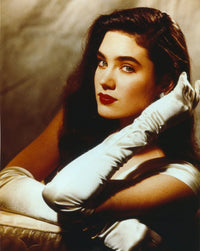 Elegant portrait photo print of Jennifer Connelly in a white gown and gloves.