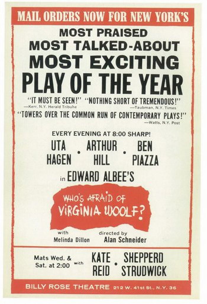 Who's Afraid Of Virginia Woolf Broadway movie poster in 11x17 size.