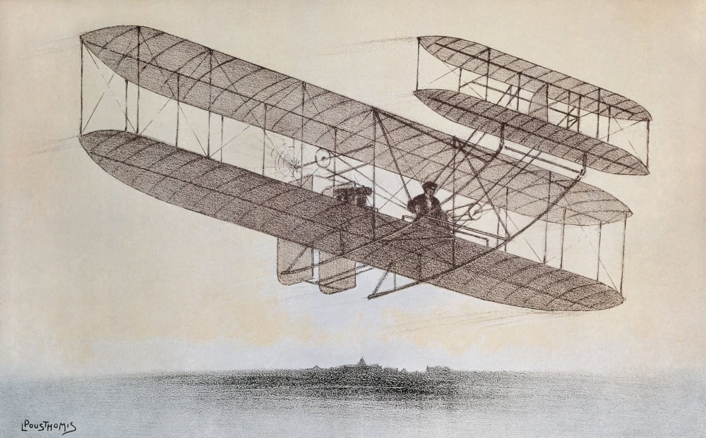 Flight Carried Poster Print featuring Wright Brothers plane model engraving.