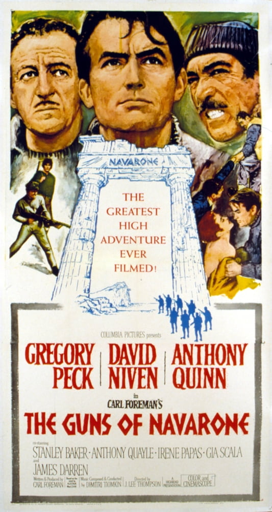 The Guns Of Navarone movie poster featuring David Niven, Anthony Quinn, and Gregory Peck.