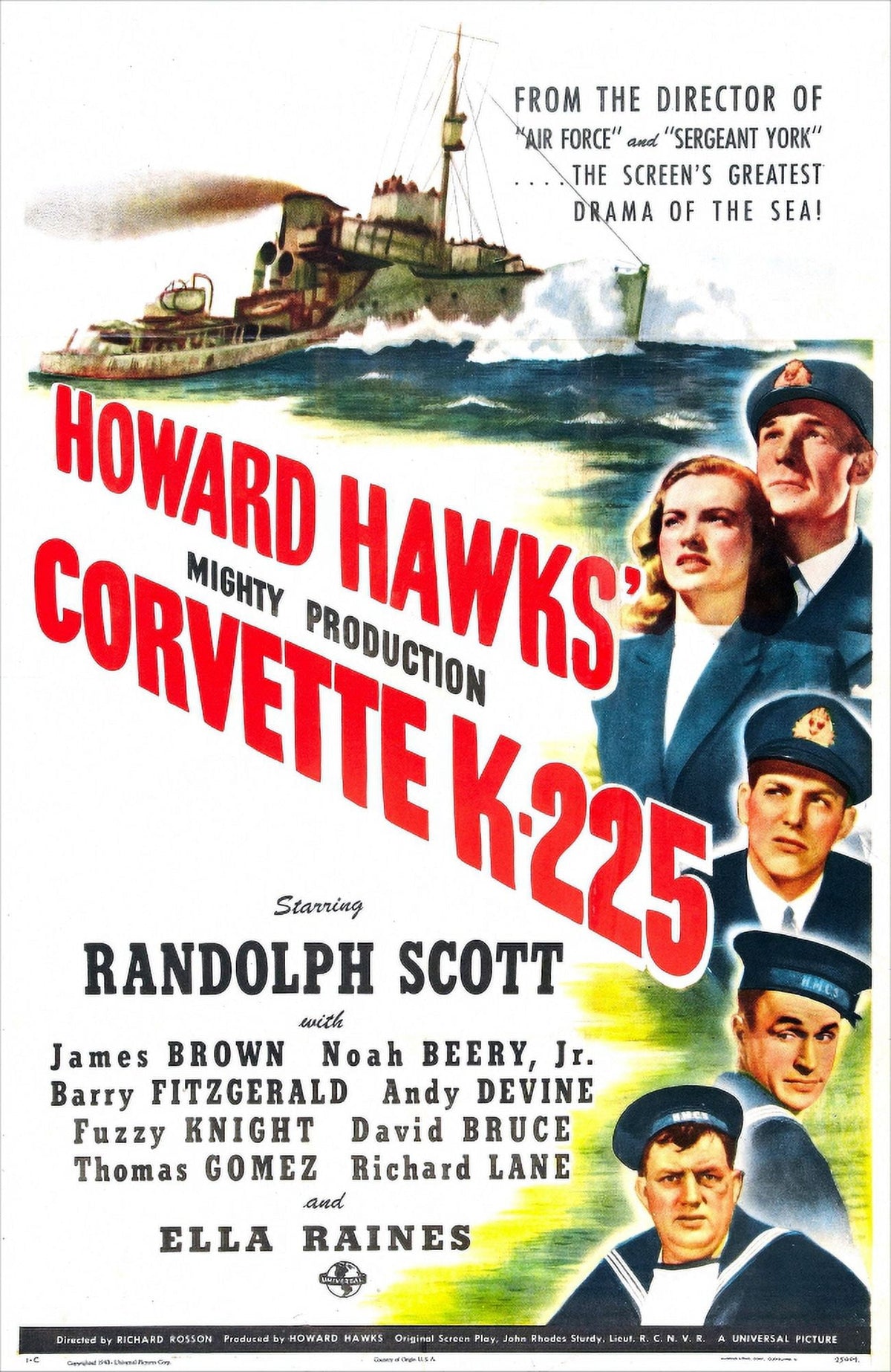 Corvette K-225 movie poster print featuring Randolph Scott and Ella Raines