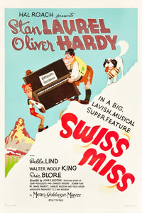 Swiss Miss movie poster art featuring Stan Laurel and Oliver Hardy from the 1938 film, available in multiple sizes.