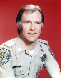 Chips character portrait in police uniform with red background photo print.