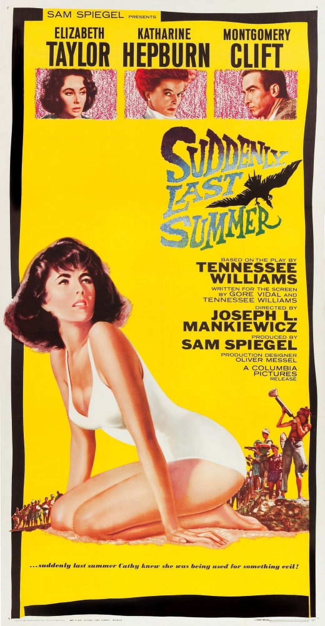 Suddenly Last Summer movie poster featuring Elizabeth Taylor, Katharine Hepburn, and Montgomery Clift.