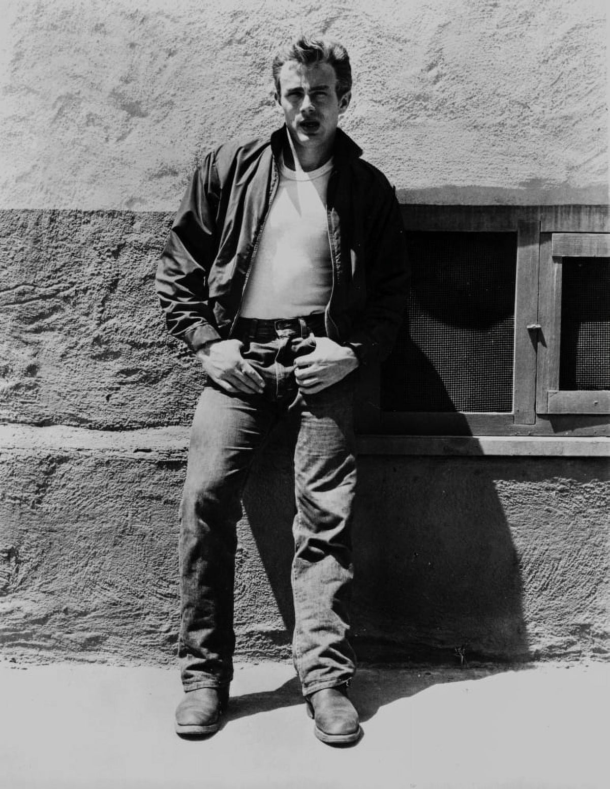 James Dean photo print in black velvet jacket and jeans leaning on wall