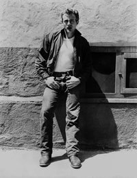 James Dean photo print in black velvet jacket and jeans leaning on wall