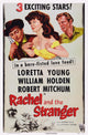 Rachel and the Stranger 1948 movie poster featuring Robert Mitchum, Loretta Young, and William Holden.