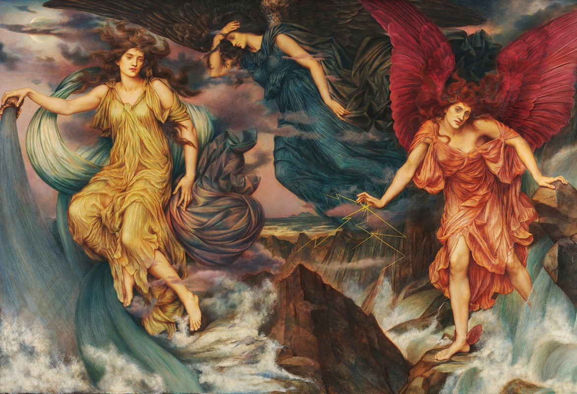 The Storm Spirits art print by Evelyn De Morgan showing ethereal spirits and nature's beauty.