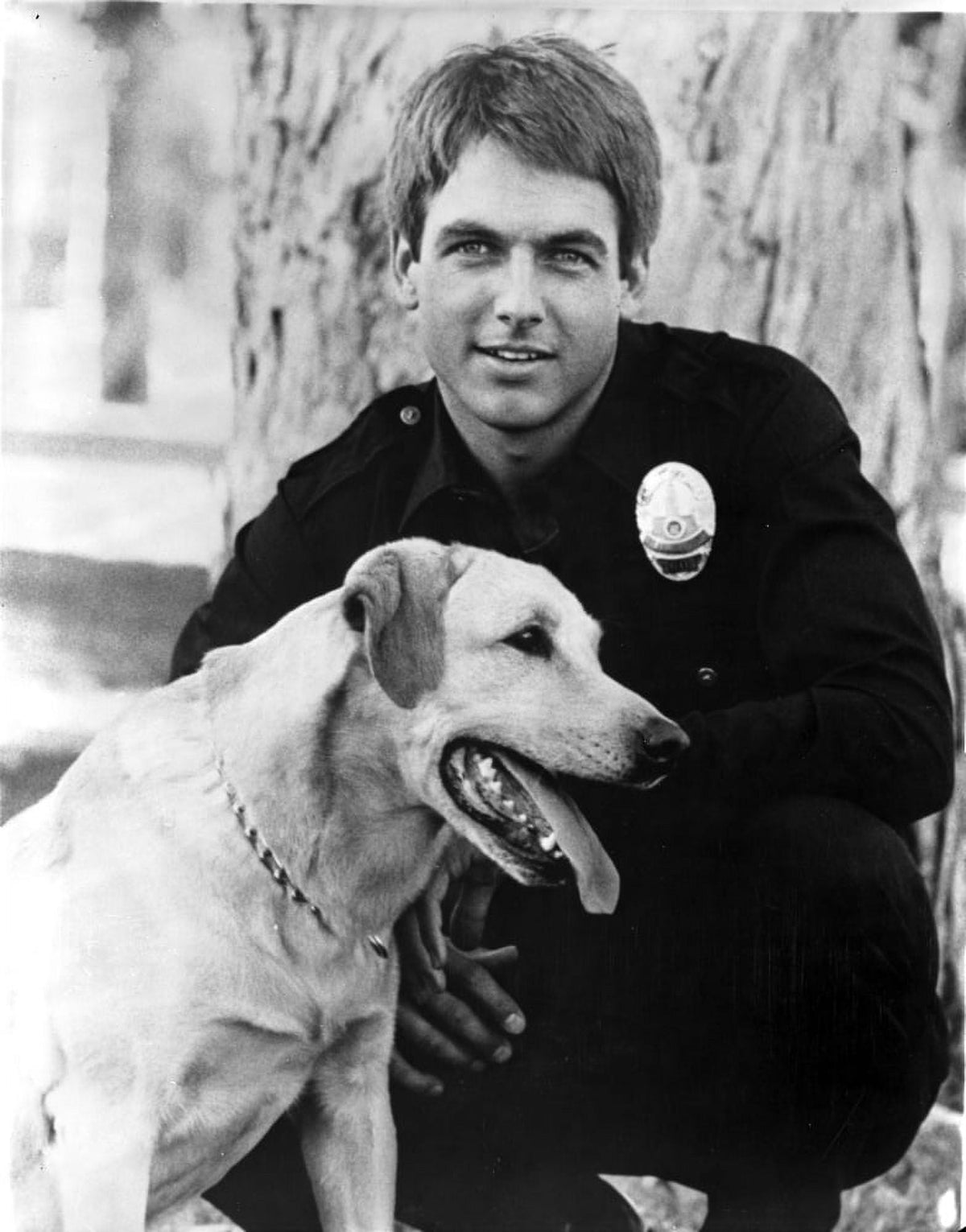Mark Harmon wearing a police uniform with a dog photo print.