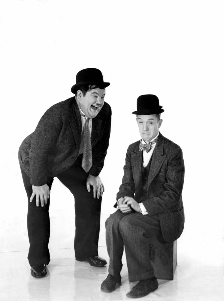 Laurel and Hardy classic photo print, vintage comedy art.