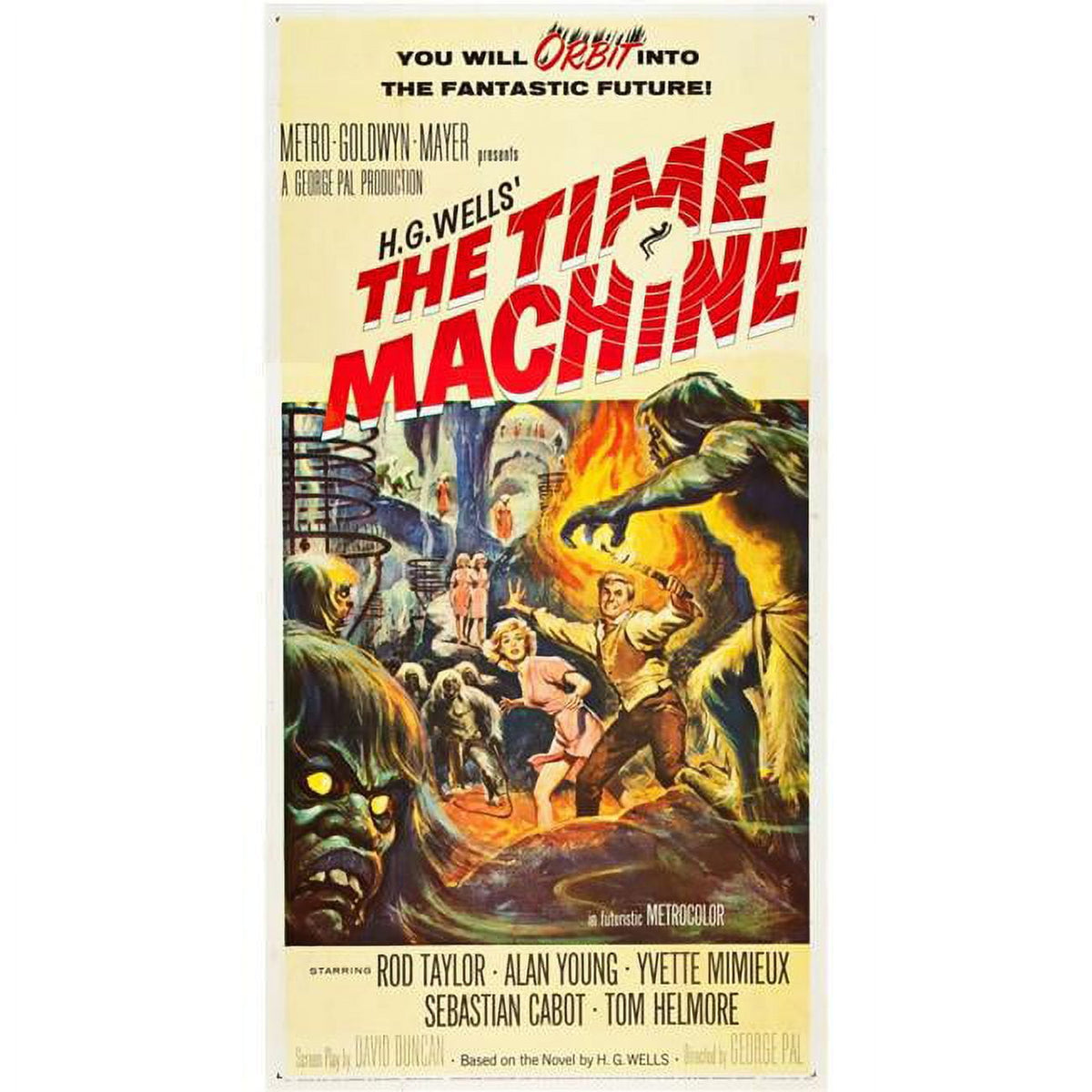 The Time Machine movie poster featuring Yvette Mimieux and Rod Taylor, 1960 film.