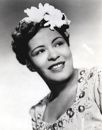 Billie Holiday smiling close-up portrait with floral accessories photo print