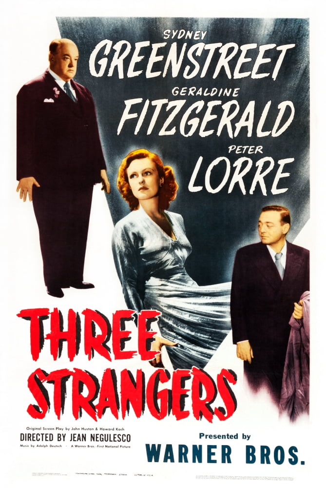 Three Strangers movie poster print featuring Sydney Greenstreet, Geraldine Fitzgerald, and Peter Lorre.