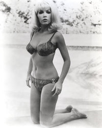 Stella Stevens kneeling on sand in a black and white bikini photo print