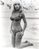 Stella Stevens kneeling on sand in a black and white bikini photo print