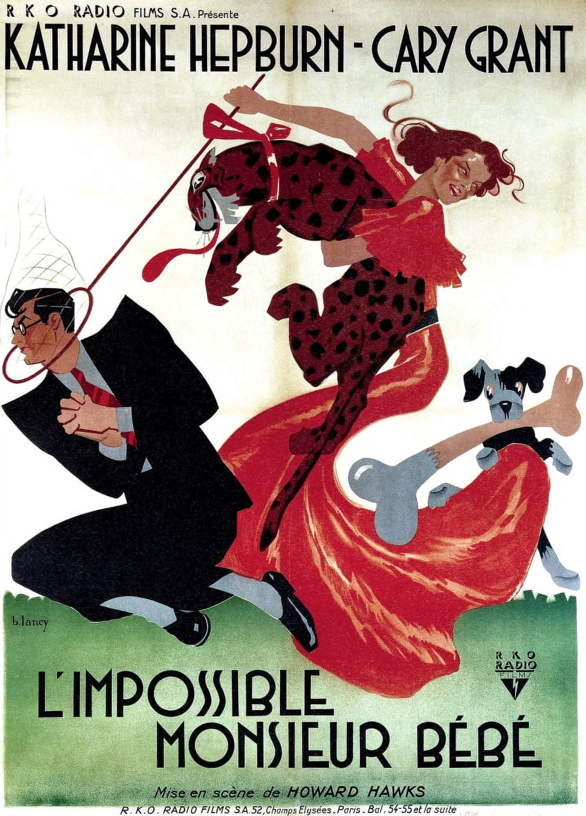 Bringing Up Baby movie poster featuring Cary Grant and Katharine Hepburn from the classic 1938 film.