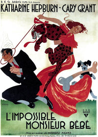 Bringing Up Baby movie poster featuring Cary Grant and Katharine Hepburn from the classic 1938 film.