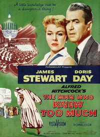 The Man Who Knew Too Much movie poster print featuring Doris Day and James Stewart.