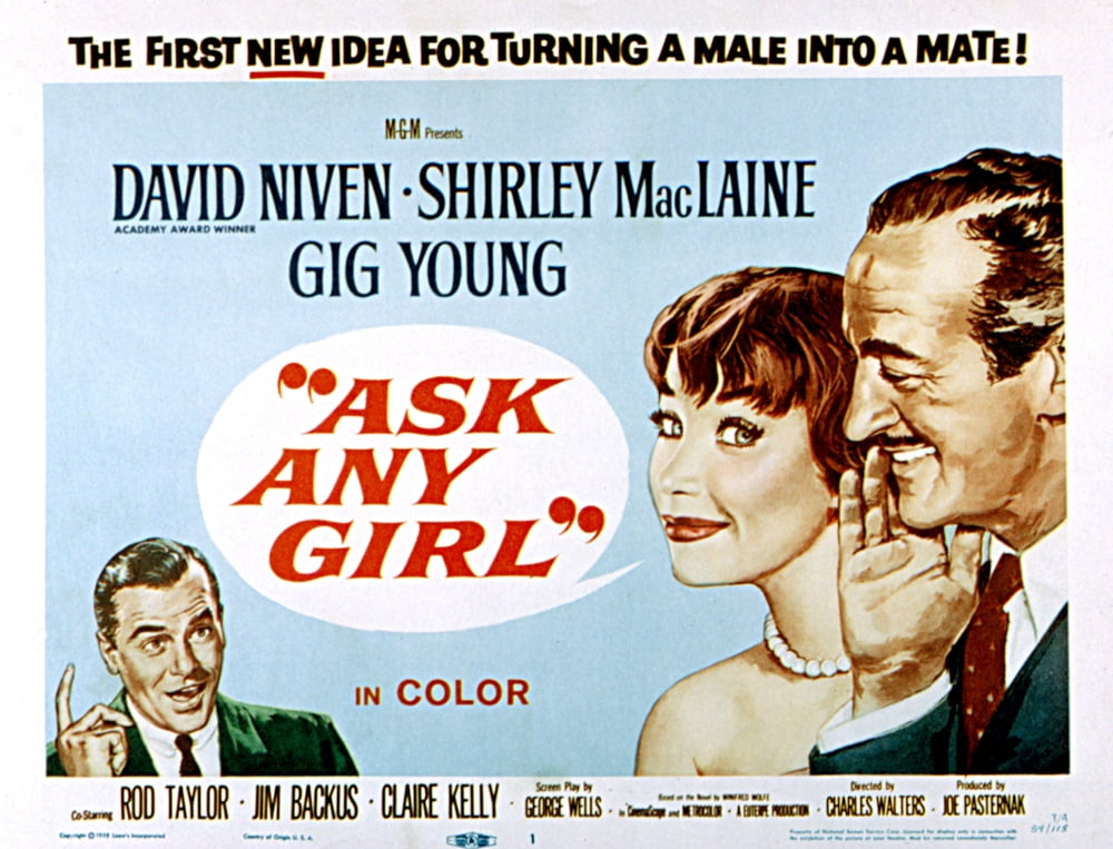 Ask Any Girl movie poster featuring Shirley Maclaine and David Niven, 1959