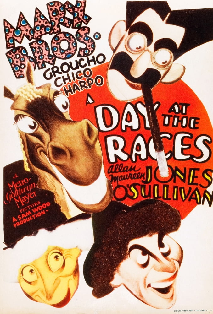 A Day At The Races movie poster featuring the Marx Brothers Groucho, Chico, and Harpo.